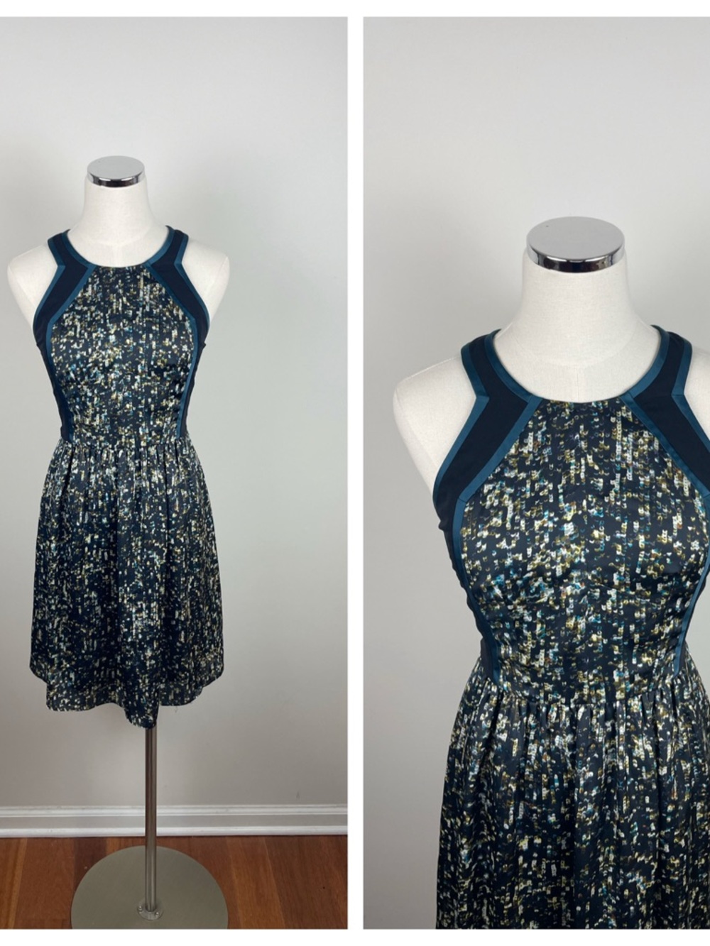 Rebecca Taylor Navy Blue White Gold Geometric Dots Dress Designer Women Size 2